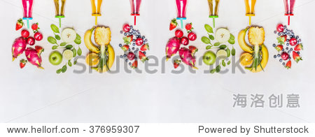 diverse healthy fruits smoothies with colorful ingredients on