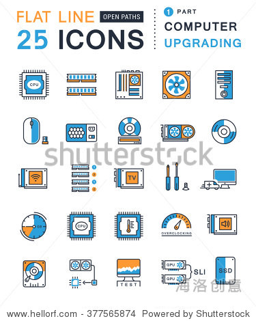 set vector line icons with open path upgrading computer and