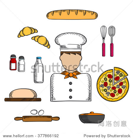 baker profession icons with man in toque, pizza and baguette
