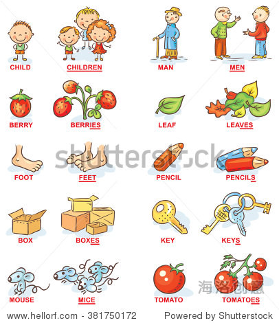 plural of nouns in colorful cartoon pictures can