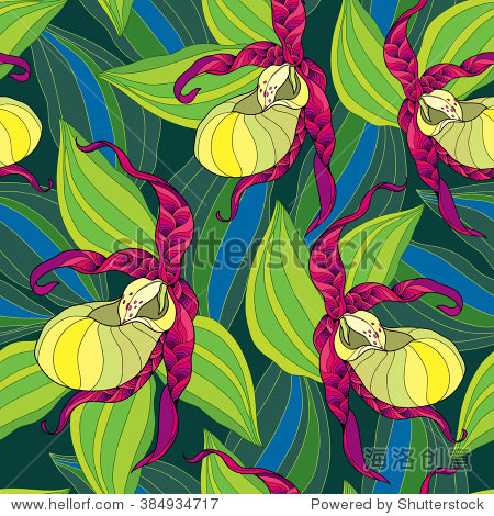 slipper orchid in yellow and striped leaves on the dark green