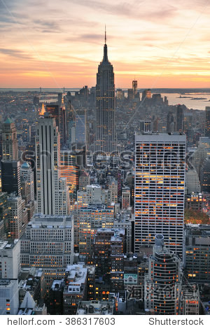 new york city skyline aerial view at sunset with colorful cloud