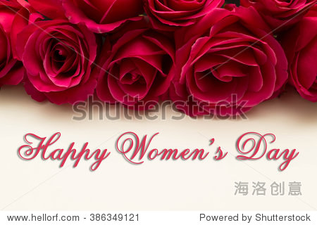 happy womans day march 8th written on white card with red roses