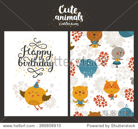 animal cards happy birthday card with lettering and cute bird.