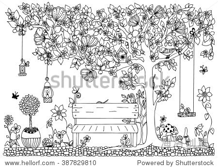 vector illustration zentangl park garden spring a bench a tree