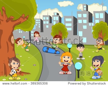 cute happy cartoon kids playing in green park cartoon vector