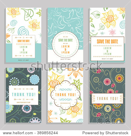 collection of romantic wedding and thank you cards with doodle