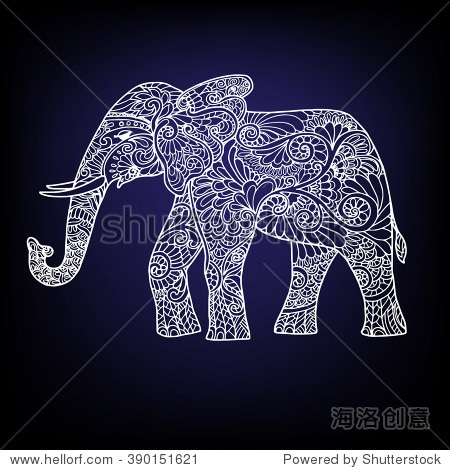 white outline decorative elephant on black background.