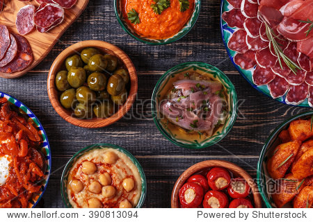 salami bowls with olives peppers anchovies spicy potatoes mashed