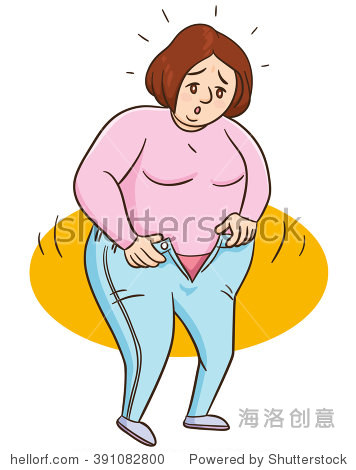 cartoon fat woman with a big belly trying to wearing jeans