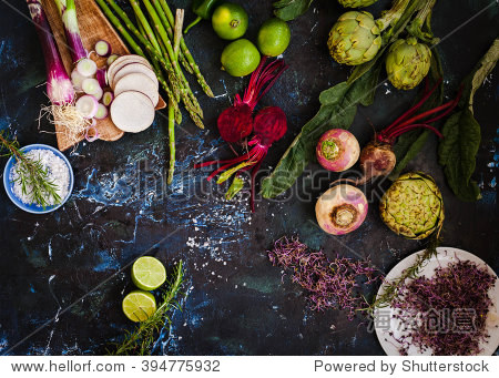 purple and green veggies and roots composition on