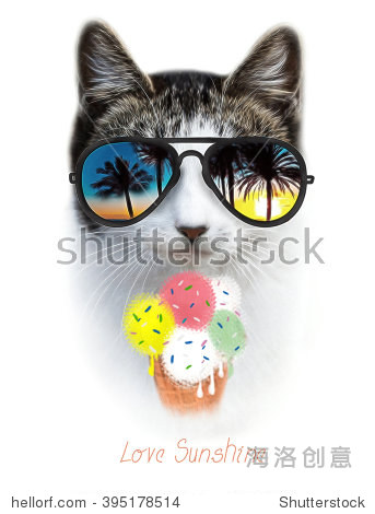 猫插图\/冰淇淋猫\/ t恤打印\/水彩猫\/猫海报\/动物打