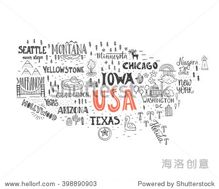 nddrawn插图与手字母名称的国家的美国地图和