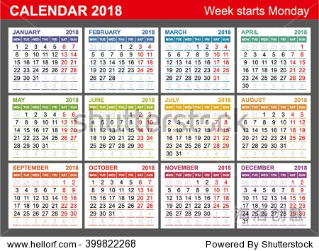 Calendar 2018. Week Starts Monday. Seasons of different colors. - 站酷海洛正版图片, 视频, 音乐素材交易平台 - Shutterstock中国独家合作伙伴 - 站酷旗下品牌