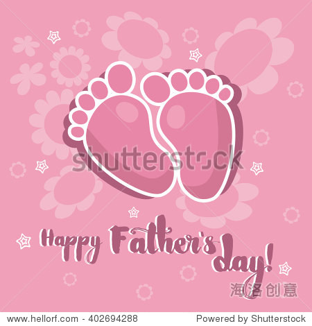 婴儿足迹粉红色花的背景与字体快乐的父亲节 