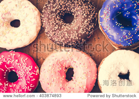donuts. sweet icing sugar food. dessert colorful snack.