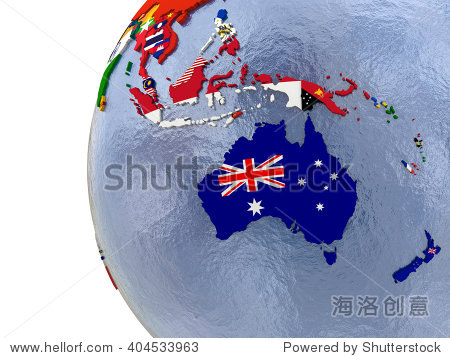 澳大拉西亚的政治地图与每个国家由其国旗。-