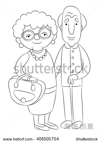 grandmother and grandfather. black and white illustration.