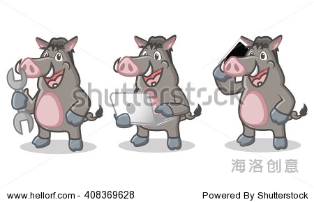 gray wild pig mascot with laptop phone and tools