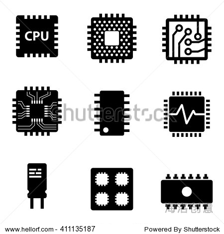 向量黑色CPU处理器和芯片图标集。电子芯片