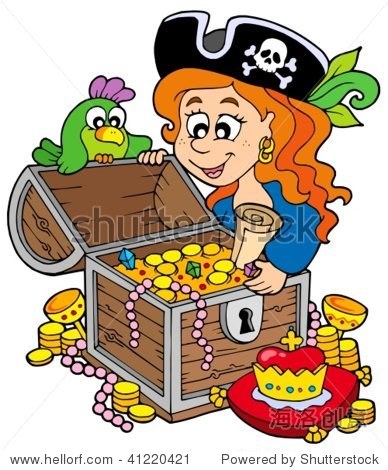 pirate woman opening treasure chest - vector illustration.