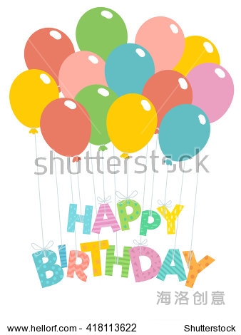 happy birthday card with letters, tied to balloons on a white