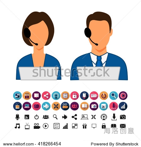 operator call center man and a woman with a set of icons on the