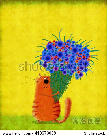 big red striped cat standing with a huge bunch of beautiful