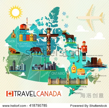 加拿大和旅游地图图标。加拿大旅游地图。矢量