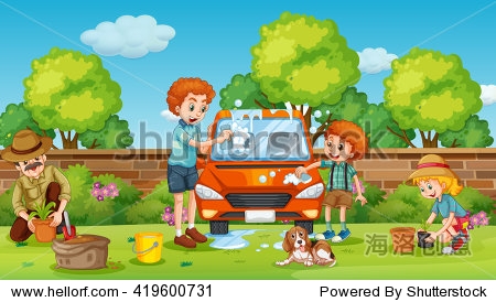 father and son cleaning car in the yard illustration