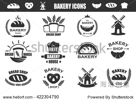 bakery logos with fresh bread pretzel loaf and mill.