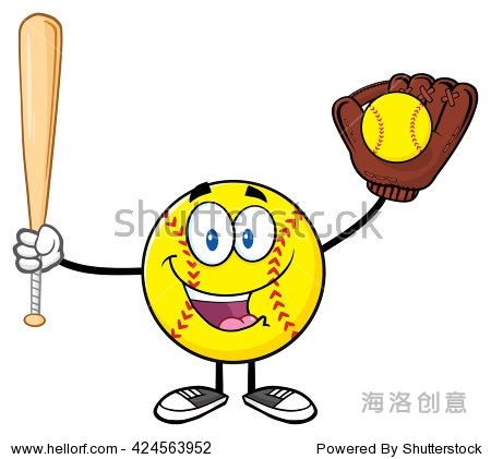 happy softball player cartoon character holding a
