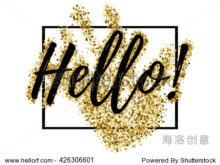 and golden glitter in shape of hand with frame isolated on white