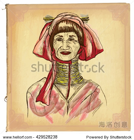 freehand sketch of long neck thailand middle aged woman.