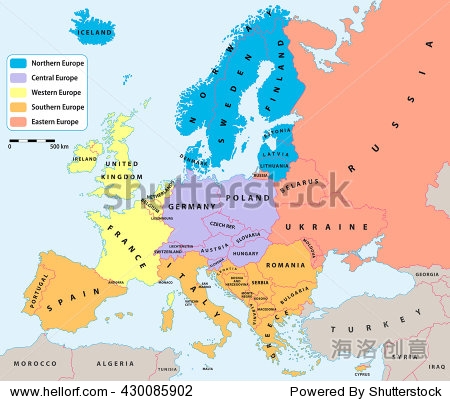 欧洲区域在欧洲政治地图。所有数据层的简单编