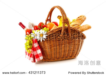 picnic basket with fruit bread and wine isolated on white - 图片
