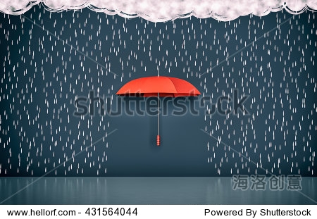 wall with the drawing of dark clouds rain and one umbrella