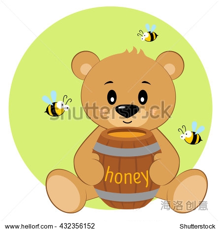 cute bear with a barrel of honey and bees illustration for