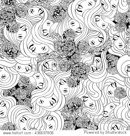 blackandwhiteseamlessbackgroundwithpeonygirlslonghaircanbeused