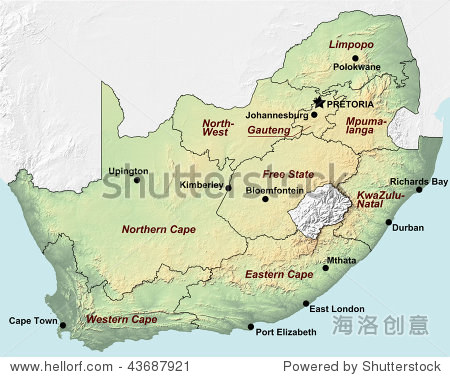 a topographic map of south africa with shaded relief and hypso