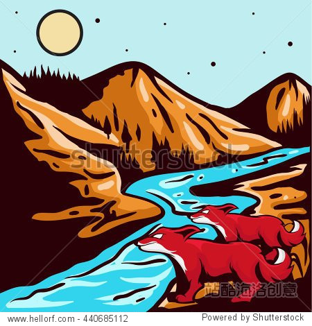 red wolf vector illustration with a mountains background