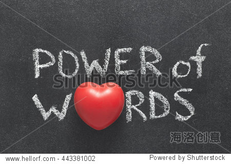 power of words phrase handwritten on blackboard with heart