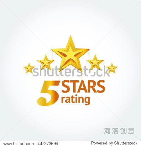 five golden stars with text "five stars rating" logo template.