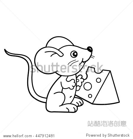coloring page outline of cartoon little mouse with cheese.