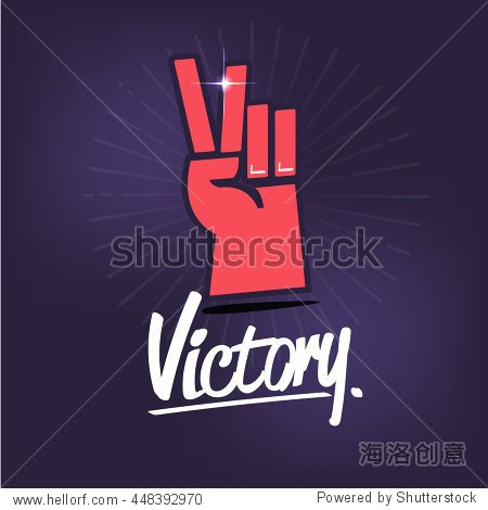 victory hand sign with typographic icon. hand