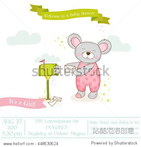baby shower or arrival card. cute mouse girl. vector