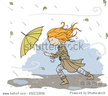 lady is fighting with wind and rain. her umbrella