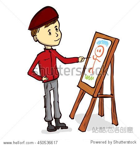 artist paints a picture. hand drawn cartoon vector illustration.