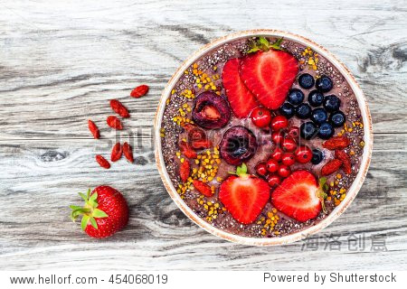 acai breakfast superfoods smoothies bowl with chia seeds, bee