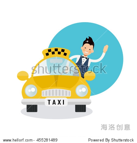 funny vector character - taxi driver waving his hand